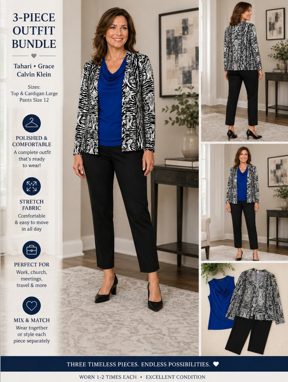 🦚Tahari + Grace + Calvin Klein 3-Piece Career Bundle | L Top/Cardigan | W12